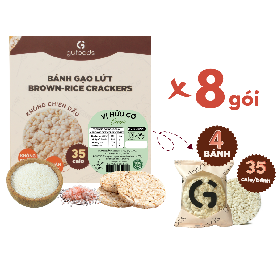 Bánh gạo lứt ăn kiêng hữu cơ GUfoods - Làm từ gạo lứt Nhật Japonica organic, Không đường, Không chiên dầu, Healthy, Eat clean, Thuần chay