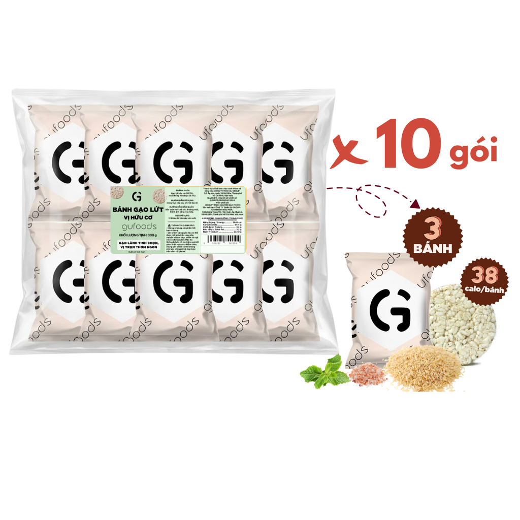 Bánh gạo lứt Hữu cơ GUfoods - Thành phần gạo lứt organic, Không đường, Không chiên dầu, Lành mạnh, Phù hợp Eat clean, Ăn vặt healthy, Thực dưỡng, Tập gym, Thuần chay