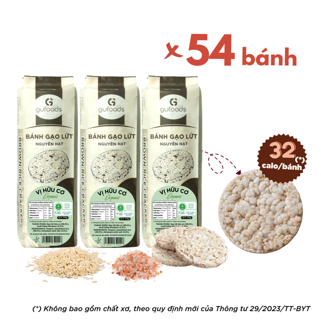 Bánh gạo lứt Hữu cơ GUfoods - Thành phần gạo lứt organic, Không đường, Không chiên dầu, Lành mạnh, Phù hợp Eat clean, Ăn vặt healthy, Thực dưỡng, Tập gym, Thuần chay