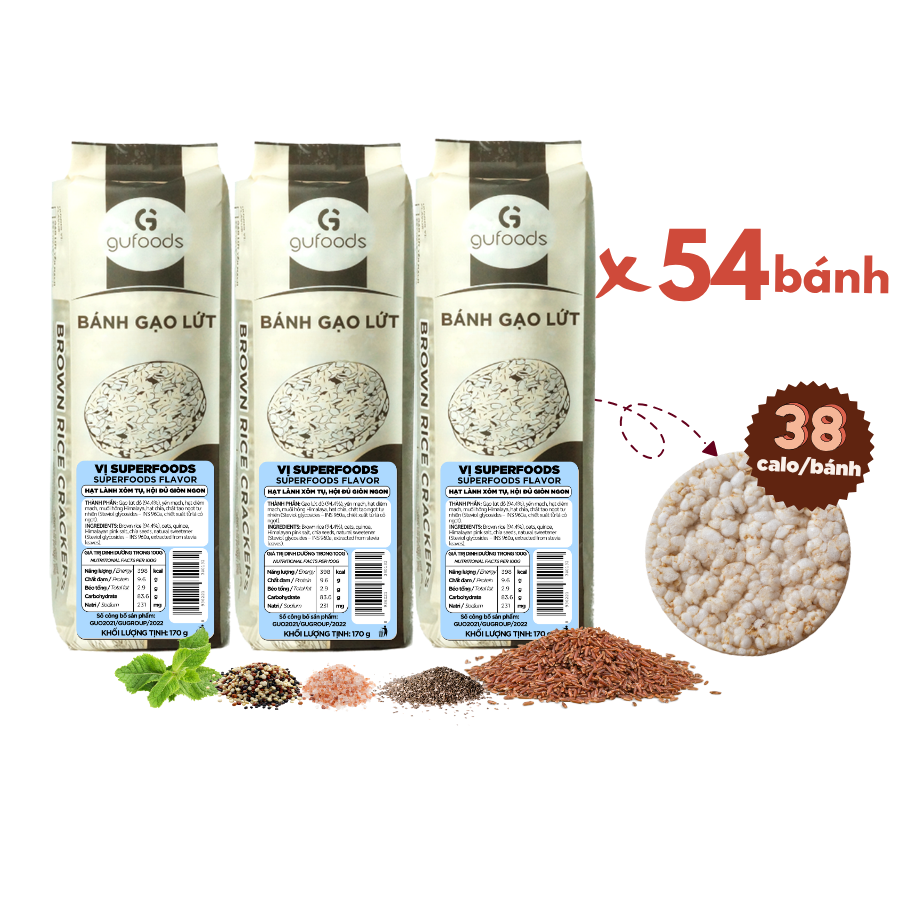 Bánh gạo lứt GUfoods vị Superfoods - Không chiên dầu, Không đường, Từ gạo và ngũ cốc nguyên hạt, Lành mạnh, Phù hợp Eat clean, Ăn vặt healthy, Thực dưỡng, Tập gym, Thuần chay