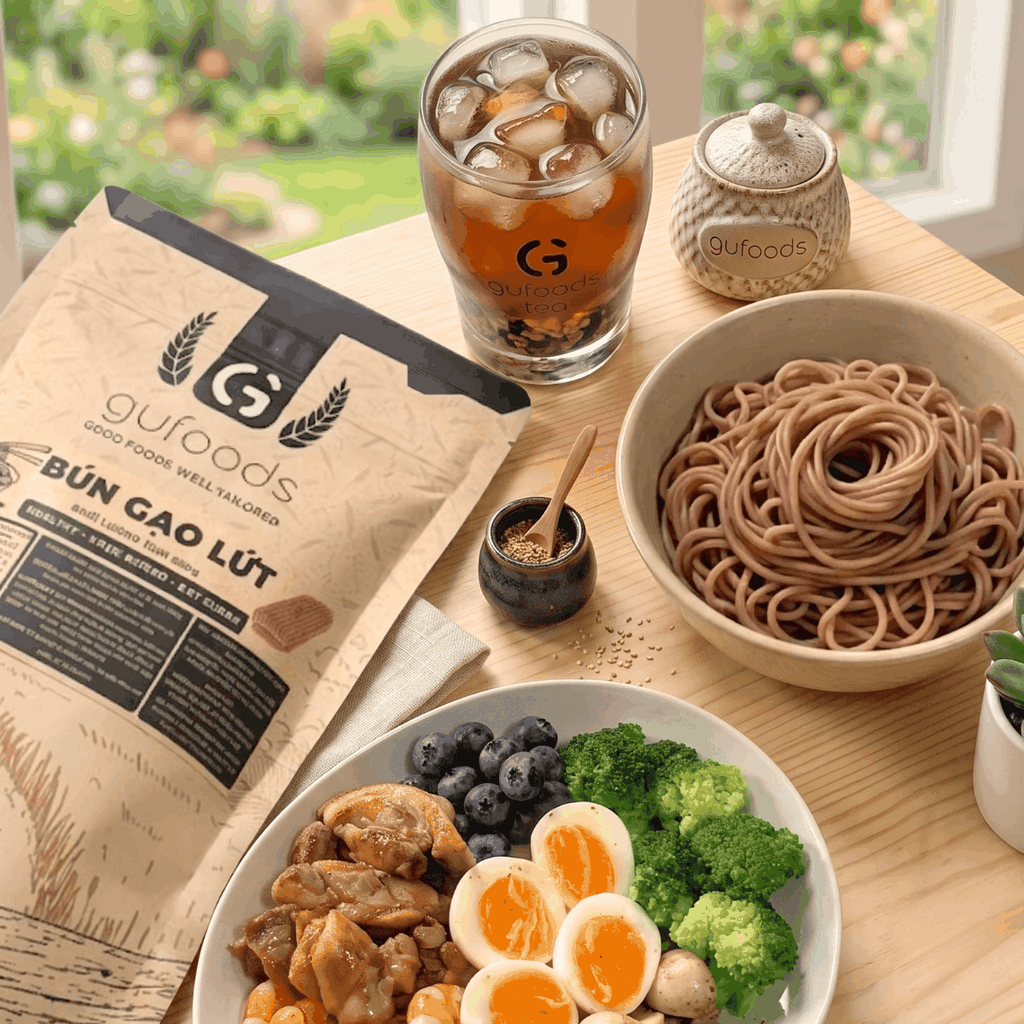 Bún gạo lứt GUfoods - Dai ngon tự nhiên, Healthy, Eat clean, Thực dưỡng, Lành mạnh, Thuần chay (túi zip 400g)