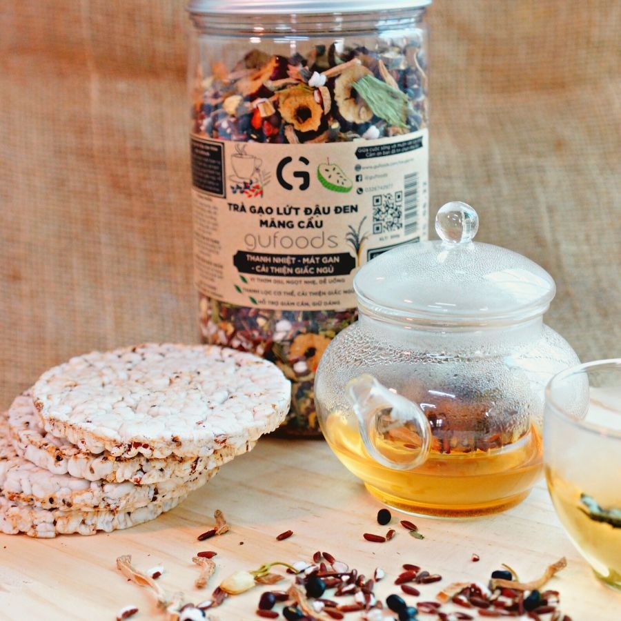 Trà gạo lứt đậu đen GUfoods - Vị mãng cầu - Dịu thơm ngọt nhẹ dễ uống, Giàu chất chống oxy hoá, Thanh nhiệt, Mát gan, Cải thiện giấc ngủ