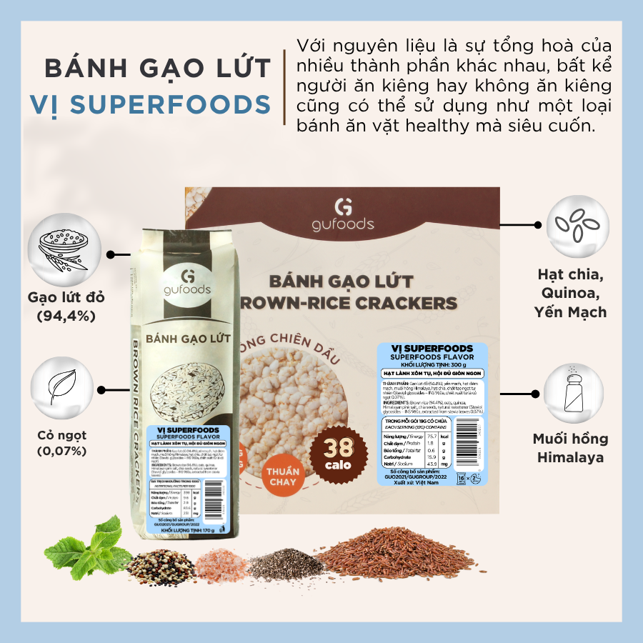 Bánh gạo lứt GUfoods vị Superfoods - Không chiên dầu, Không đường, Từ gạo và ngũ cốc nguyên hạt, Lành mạnh, Phù hợp Eat clean, Ăn vặt healthy, Thực dưỡng, Tập gym, Thuần chay