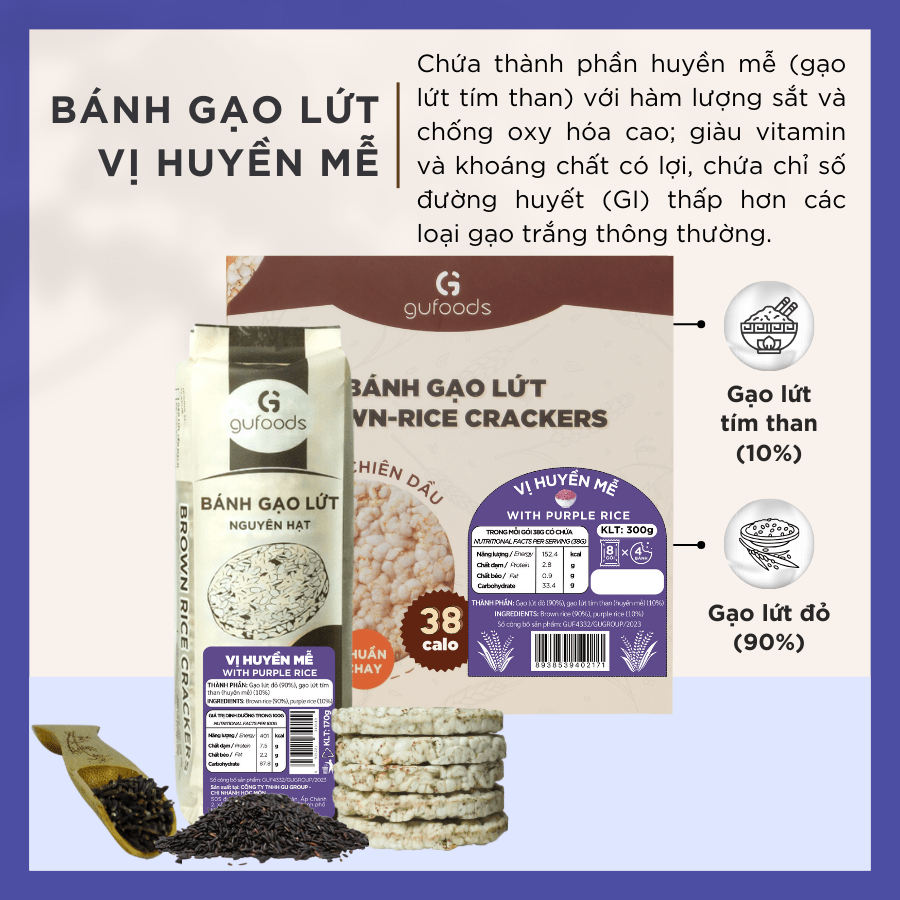 Bánh gạo lứt GUfoods vị Huyền mễ - Không chiên dầu, Không đường, Lành mạnh, Phù hợp Eat clean, Ăn vặt healthy, Thực dưỡng, Tập gym, Thuần chay