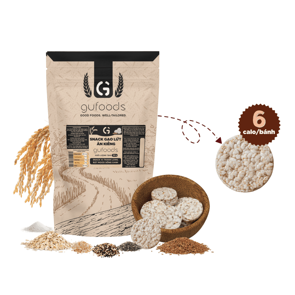 Snack gạo lứt ngũ cốc nguyên hạt GUfoods - Không đường, Không chiên dầu, Thanh đạm, Lành mạnh, Phù hợp Eat clean, Ăn vặt healthy, Tiện lợi, Thuần chay