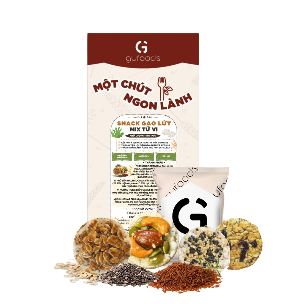 Snack gạo lứt healthy mix tứ vị GUfoods - Hội tụ 4 vị snack ngon, Nạp nhanh năng lượng, Tiện lợi, Eat clean, Thuần chay