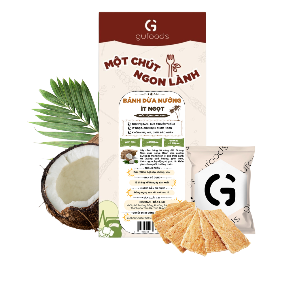Bánh dừa nướng GUfoods (Hộp 300g) - Giòn rụm, Thơm ngon, Đậm vị bánh dừa xứ Quảng