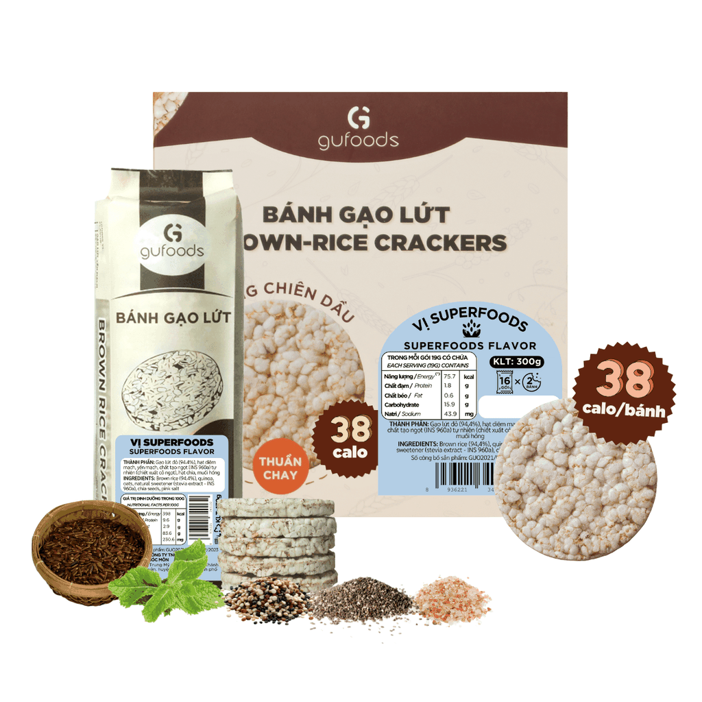 Bánh gạo lứt GUfoods vị Superfoods - Không chiên dầu, Không đường, Từ gạo và ngũ cốc nguyên hạt, Lành mạnh, Phù hợp Eat clean, Ăn vặt healthy, Thực dưỡng, Tập gym, Thuần chay