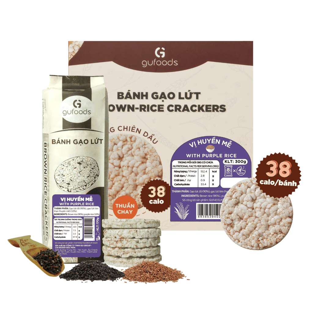Bánh gạo lứt GUfoods vị Huyền mễ - Không chiên dầu, Không đường, Lành mạnh, Phù hợp Eat clean, Ăn vặt healthy, Thực dưỡng, Tập gym, Thuần chay