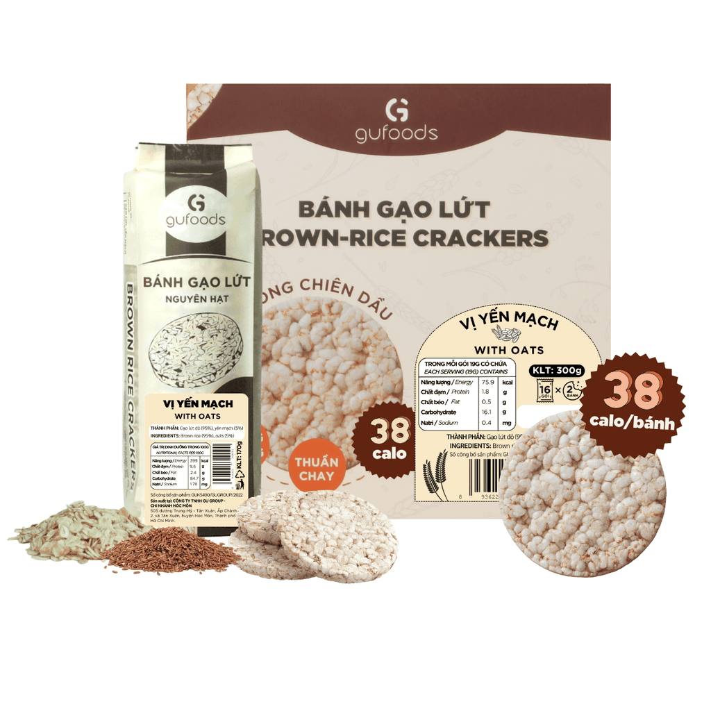 Bánh gạo lứt GUfoods vị Yến mạch - Không chiên dầu, Không đường, Lành mạnh, Phù hợp Eat clean, Ăn vặt healthy, Thực dưỡng, Tập gym, Thuần chay