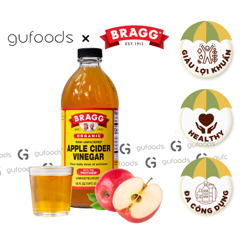 Giấm táo hữu cơ Bragg (chai 473ml) - Chứng nhận Organic USDA, Giữ nguyên giấm mẹ, Giàu lợi khuẩn, Hỗ trợ tiêu hóa, Tốt cho hệ miễn dịch, Đa dạng công dụng cho sức khoẻ và sắc đẹp