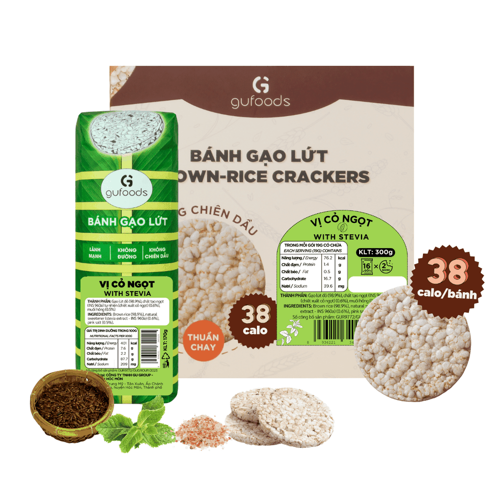 Bánh gạo lứt GUfoods vị Cỏ ngọt - Bao bì bánh tét xanh truyền thống - Không chiên dầu, Không đường, Lành mạnh, Phù hợp Eat clean, Ăn vặt healthy, Thực dưỡng, Tập gym, Thuần chay