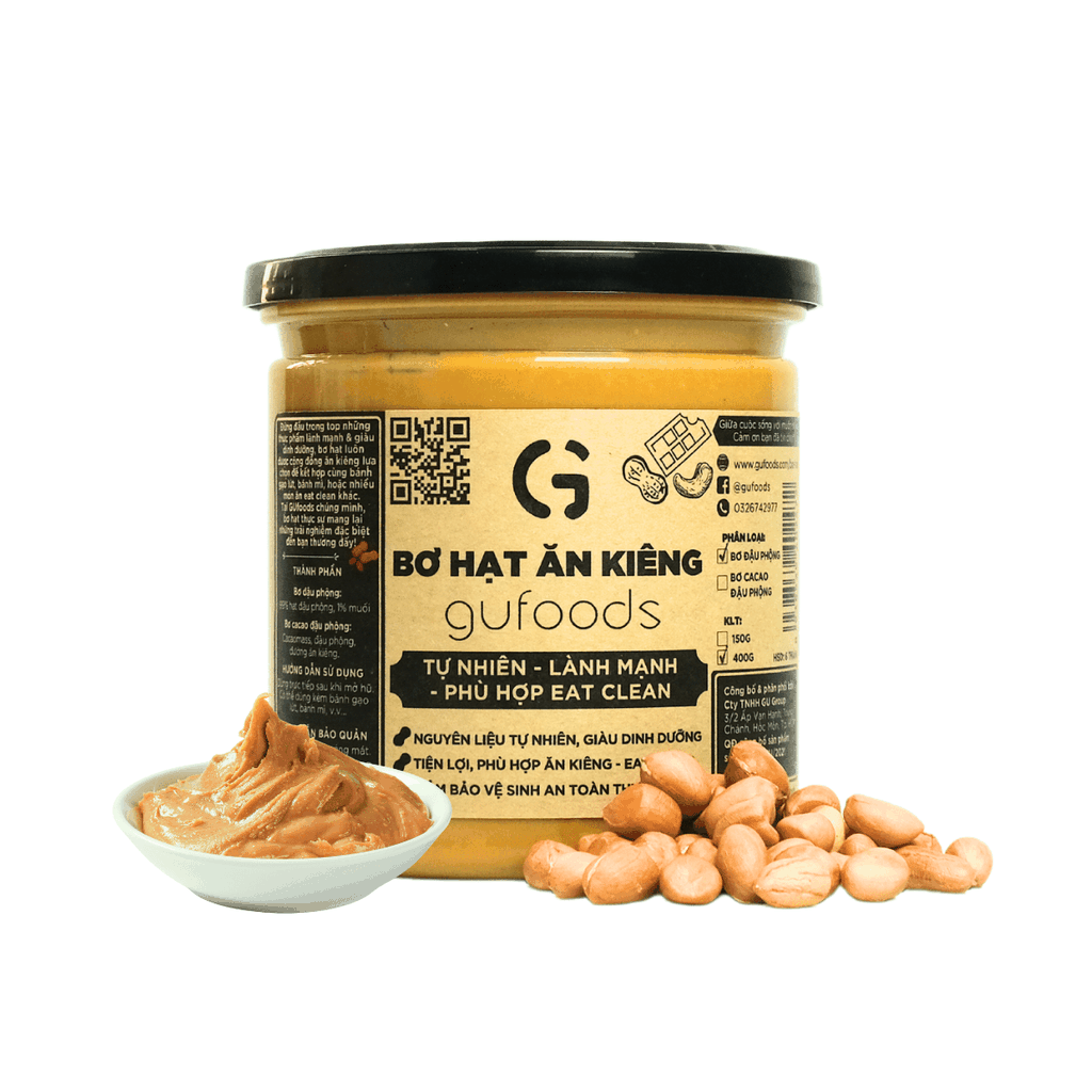 Bơ đậu phộng GUfoods - Không đường, Giàu protein thực vật, Lành mạnh, Eat clean, Healthy, Thuần chay (hũ 400g)