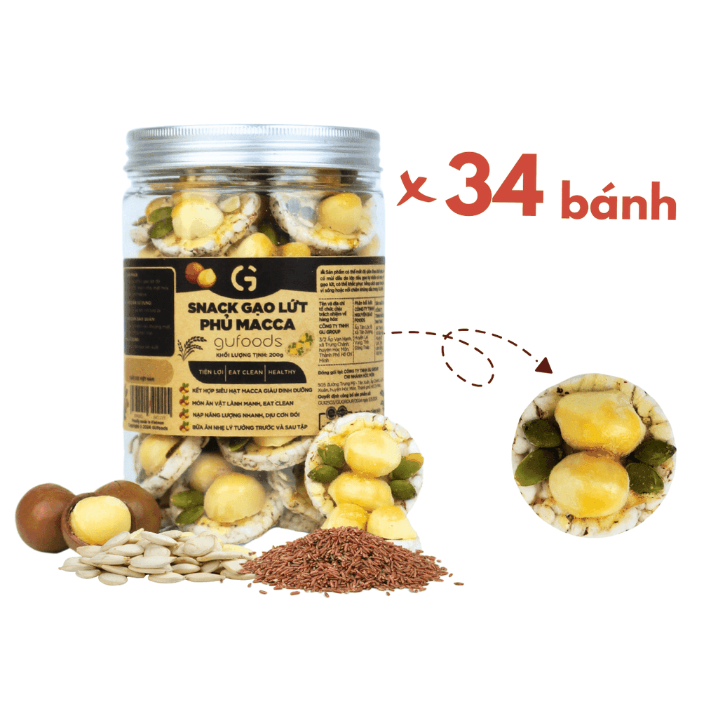 Snack gạo lứt phủ macca GUfoods (Hũ 200g) - Topping siêu hạt, Giòn rụm, Thơm bùi, Giàu dinh dưỡng, Healthy, Eat clean, Thuần chay