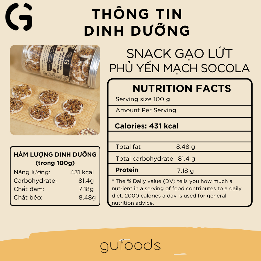 Snack gạo lứt phủ yến mạch socola GUfoods - Nạp nhanh năng lượng, Ăn vặt healthy, Thuần chay, Eat clean