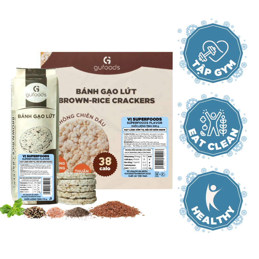 Bánh gạo lứt GUfoods vị Superfoods - Không chiên dầu, Không đường, Từ gạo và ngũ cốc nguyên hạt, Lành mạnh, Phù hợp Eat clean, Ăn vặt healthy, Thực dưỡng, Tập gym, Thuần chay