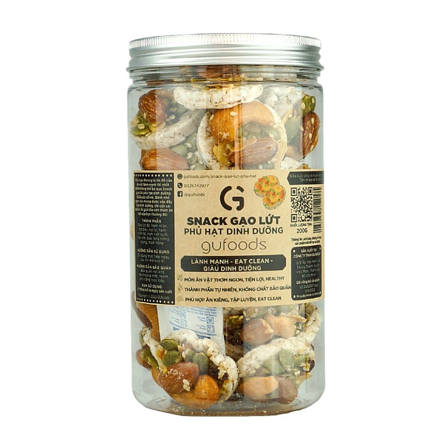 Snack gạo lứt phủ granola siêu hạt GUfoods (Hũ 200g) - Bữa ăn nhẹ tiện lợi, Giàu dinh dưỡng, Ăn vặt healthy, Hỗ trợ giảm cân, Ăn kiêng, Eat clean, Thuần chay