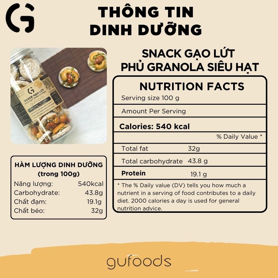 Snack gạo lứt phủ granola siêu hạt GUfoods (Hũ 200g) - Bữa ăn nhẹ tiện lợi, Giàu dinh dưỡng, Ăn vặt healthy, Hỗ trợ giảm cân, Ăn kiêng, Eat clean, Thuần chay