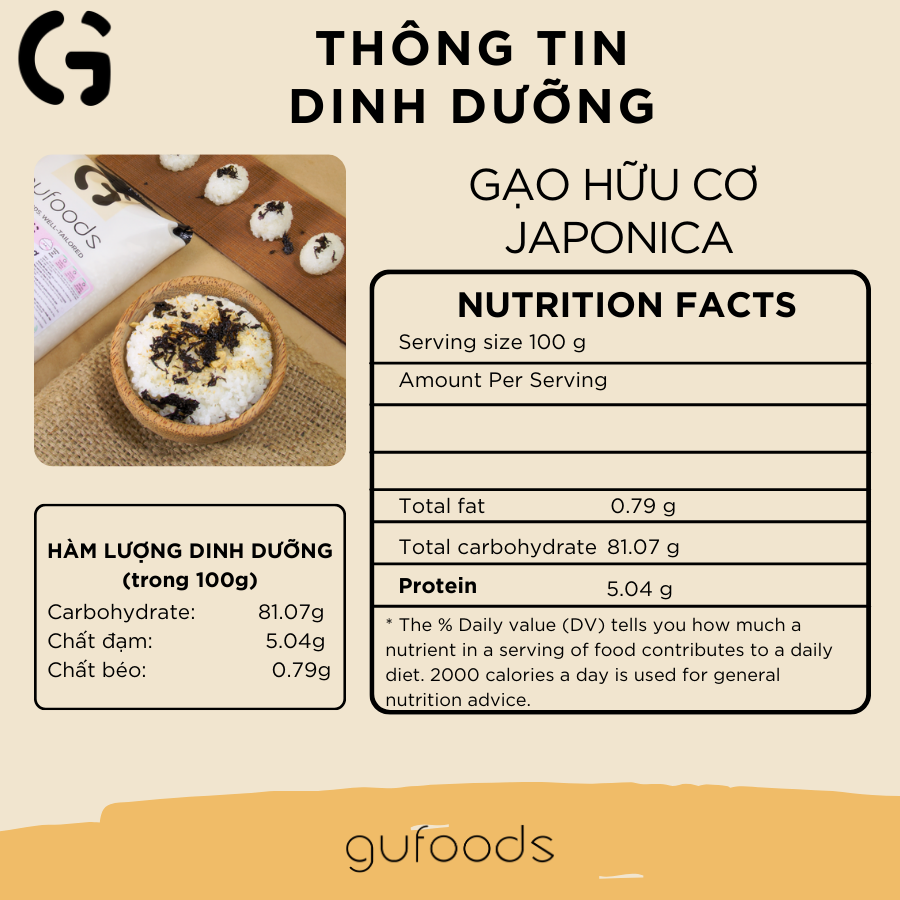 Gạo hữu cơ Japonica GUfoods (túi 1kg) - Ăn dặm cho bé, Làm sushi / cơm cuộn, Dẻo ngọt ngon cơm, Nguyên liệu organic