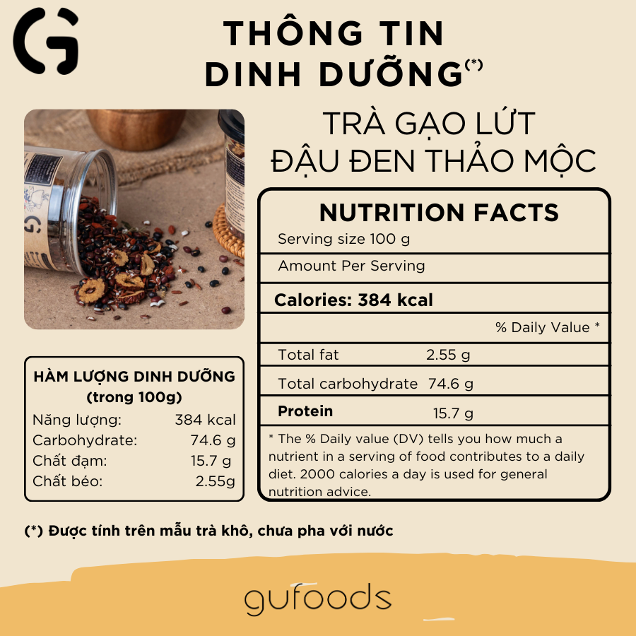 Trà gạo lứt đậu đen GUfoods - Vị thảo mộc - Hỗ trợ giấc ngủ, cải thiện tinh thần, tốt cho sức khoẻ