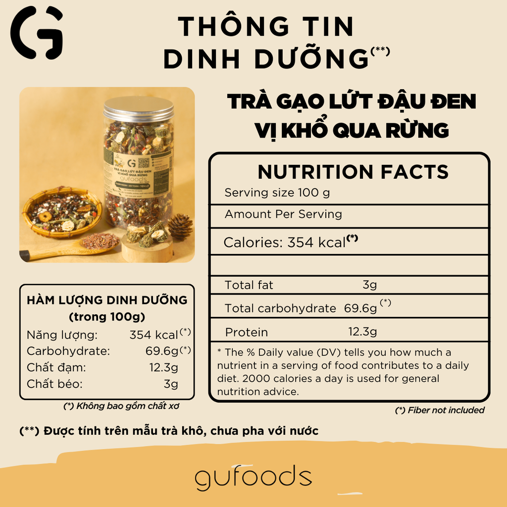 Trà gạo lứt đậu đen GUfoods vị Khổ qua rừng (Mướp đắng rừng) (hũ 500g) - Hương vị độc đáo, Giải nhiệt hiệu quả, Healthy, Eat clean