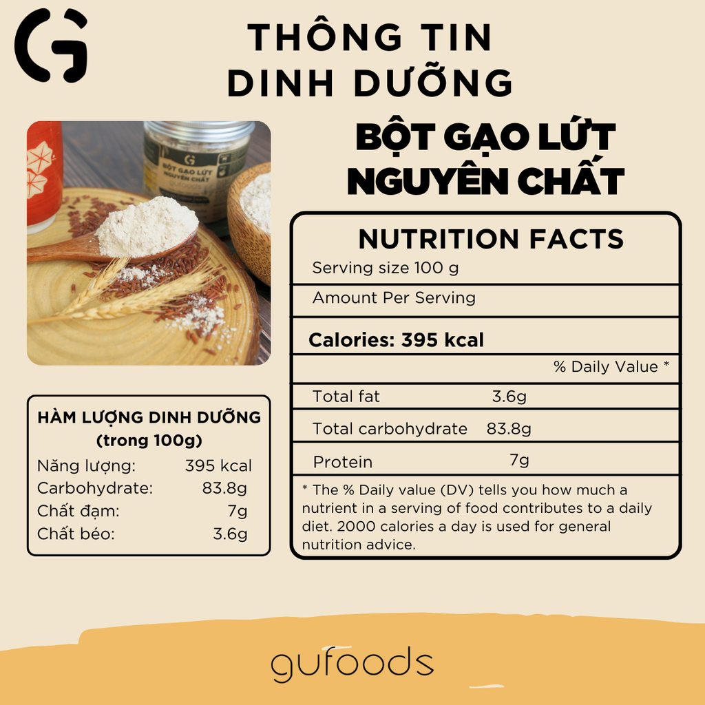 Bột gạo lứt nguyên chất GUfoods - Tiện lợi, Healthy, Dễ tiêu hoá, Phù hợp Eat clean, Thực dưỡng, Thuần chay