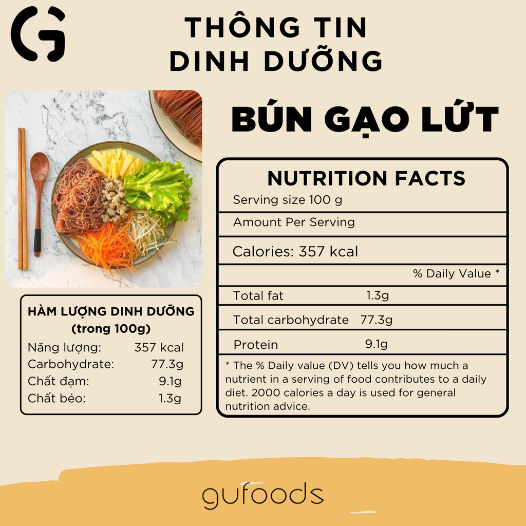 Bún gạo lứt huyết rồng GUfoods - Dai ngon, Kết hợp đa dạng món, Healthy, Eat clean, Thực dưỡng, Thuần chay