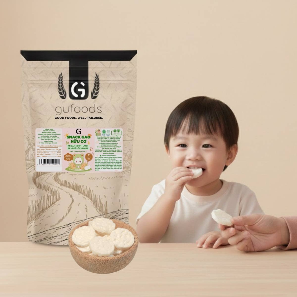 Bánh snack ăn dặm hữu cơ cho bé GUfoods - Thành phần gạo organic, Không gia vị, Dễ Tiêu hoá, Phù hợp cho bé từ 1 tuổi
