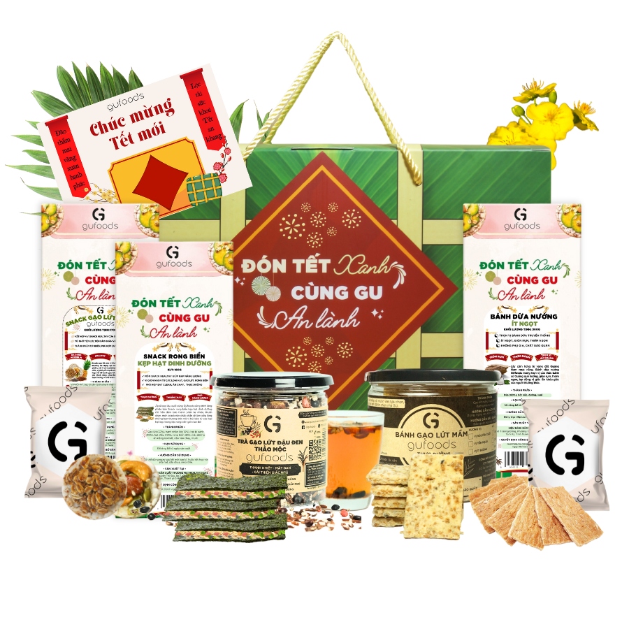 Hộp quà Tết GUfoods 2024 - Set Cát Tường - Thiết kế bánh chưng độc đáo, Sản phẩm đa dạng, phù hợp cho mâm bánh Tết, Gift set cho sức khoẻ, Tết Xanh an lành cùng GU