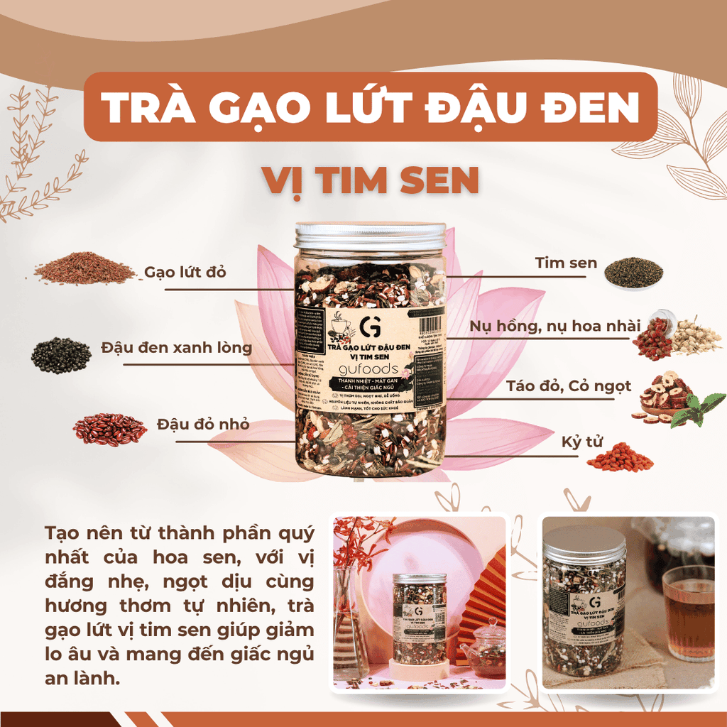 Trà gạo lứt đậu đen vị Tim sen GUfoods (hũ 500g) - Thư giãn tinh thần, Thanh nhiệt, Mát gan, Cải thiện giấc ngủ, Thanh lọc cơ thể
