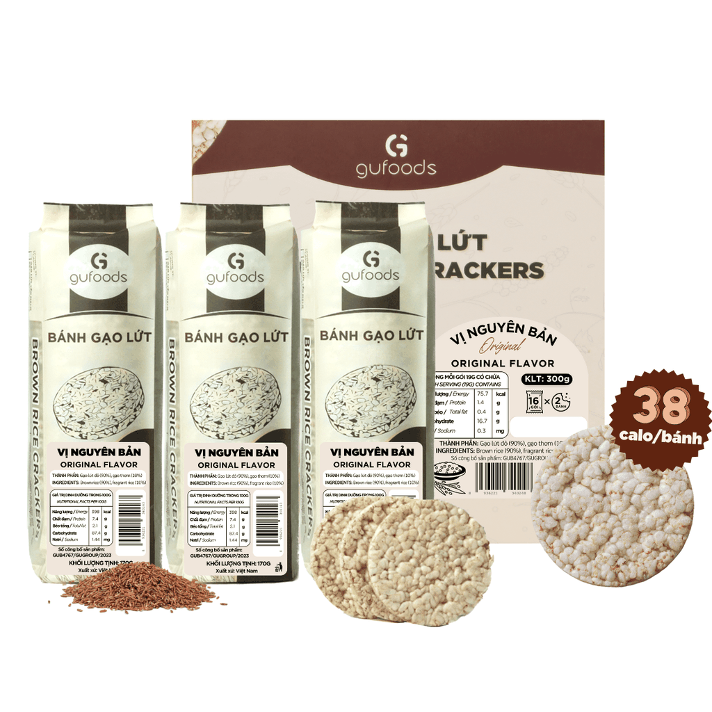 Bánh gạo lứt GUfoods vị Nguyên bản - Không chiên dầu, Không đường, Lành mạnh, Phù hợp Eat clean, Ăn vặt healthy, Thực dưỡng, Tập gym, Thuần chay
