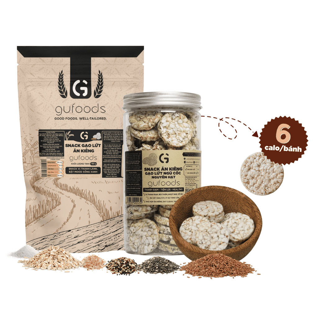 Snack gạo lứt ngũ cốc nguyên hạt GUfoods - Không đường, Không chiên dầu, Thanh đạm, Lành mạnh, Phù hợp Eat clean, Ăn vặt healthy, Tiện lợi, Thuần chay