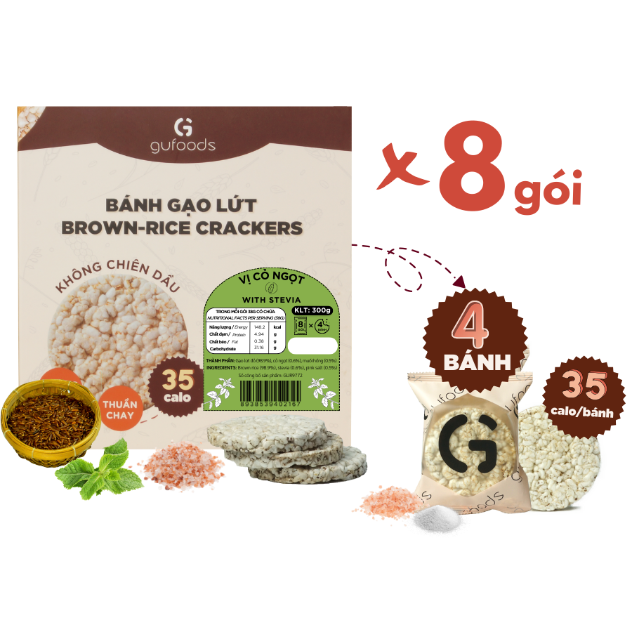 Bánh gạo lứt ăn kiêng GUfoods - Vị cỏ ngọt - Tập gym, giảm cân, thực dưỡng, eat clean