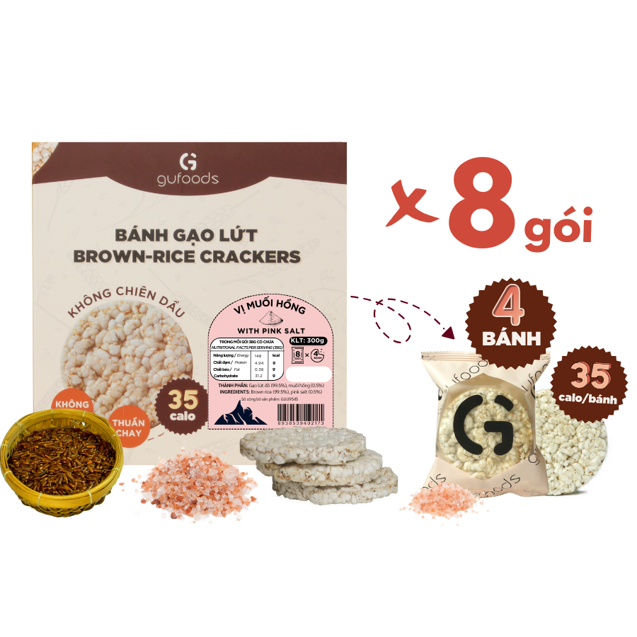 Bánh gạo lứt ăn kiêng GUfoods - Vị Muối hồng - Tập gym, giảm cân, thực dưỡng, eat clean