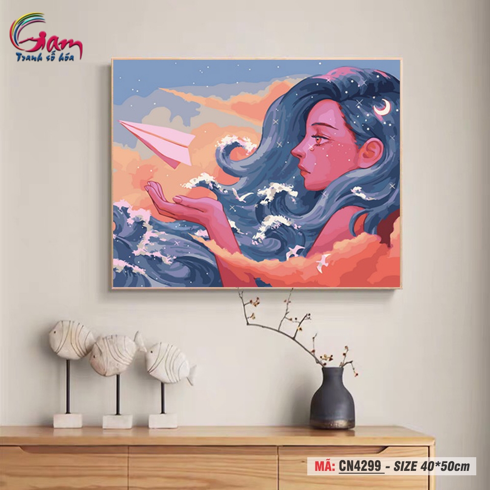 Tranh tô màu số hóa Gam treo tường trang trí cô gái sóng biển CN4299