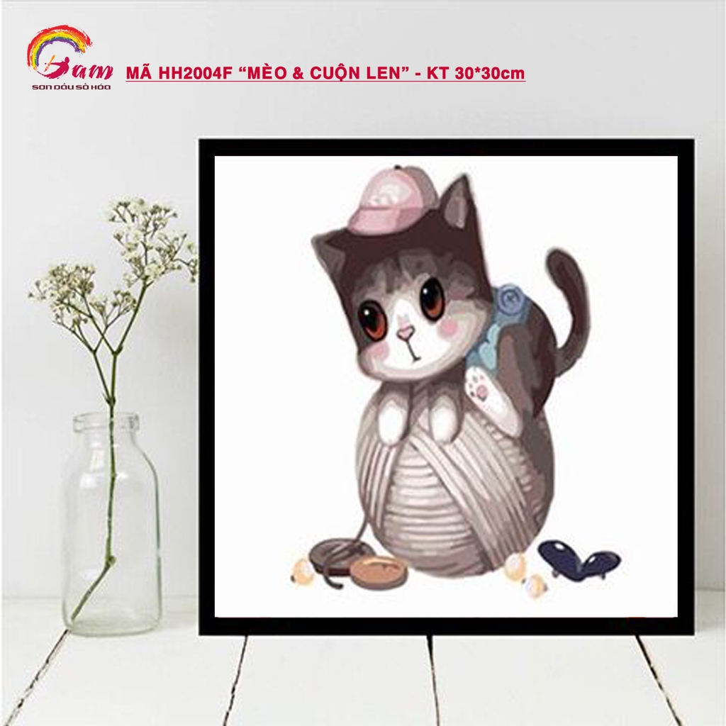 Tranh sơn dầu số hóa tự tô Gam HH2004 30x30cm căng sẵn khung - HH2004E Mèo Donut