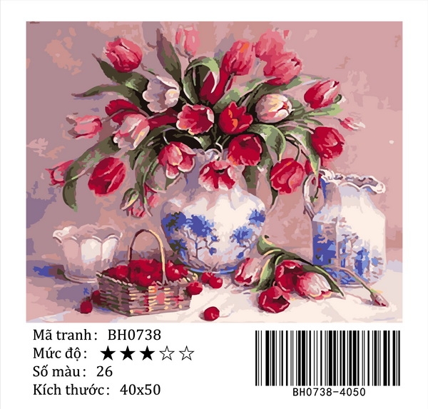 Tranh sơn dầu số hoá DIY tự vẽ bình hoa tĩnh vật - Mã BH0738 Hoa Tulip và cherry