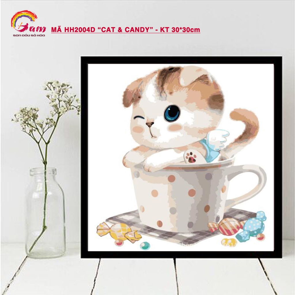 Tranh sơn dầu số hóa tự tô Gam HH2004 30x30cm căng sẵn khung - HH2004E Mèo Donut