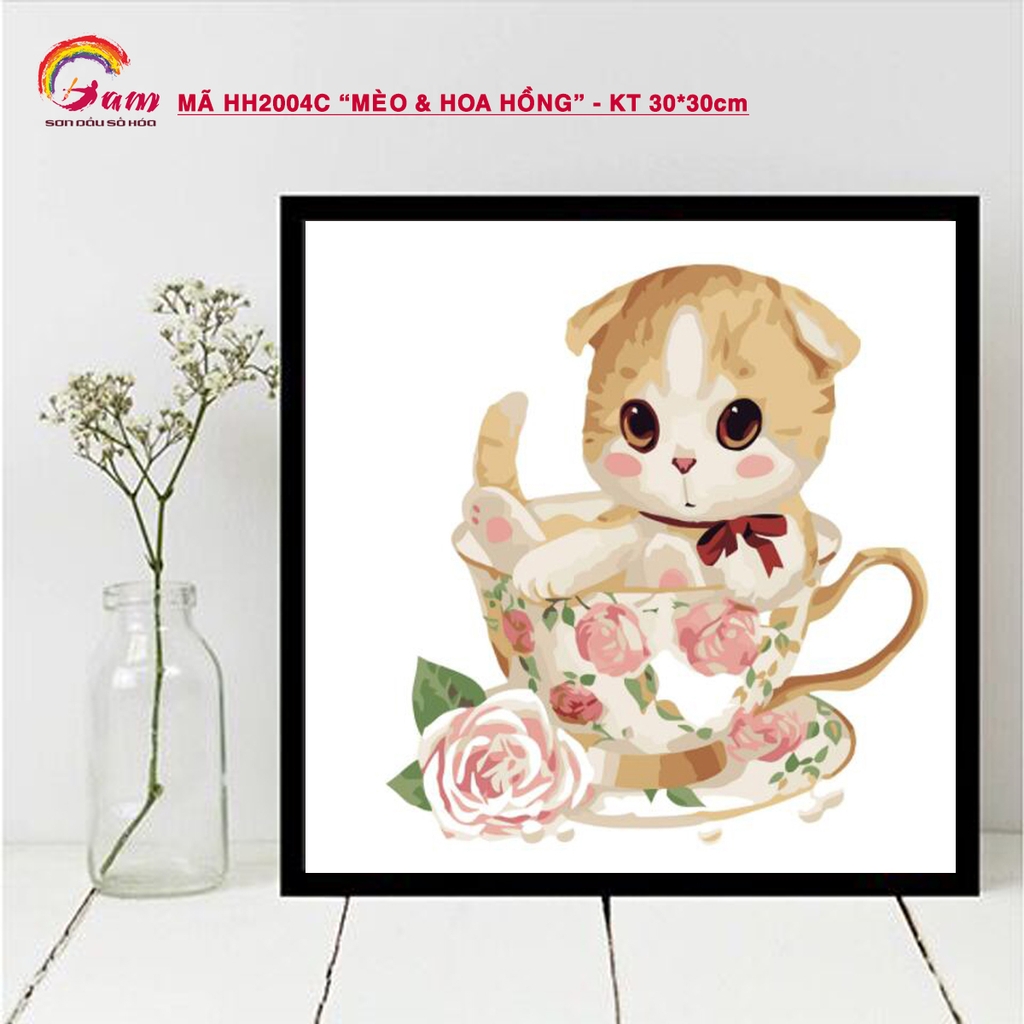 Tranh sơn dầu số hóa tự tô Gam HH2004 30x30cm căng sẵn khung - HH2004E Mèo Donut