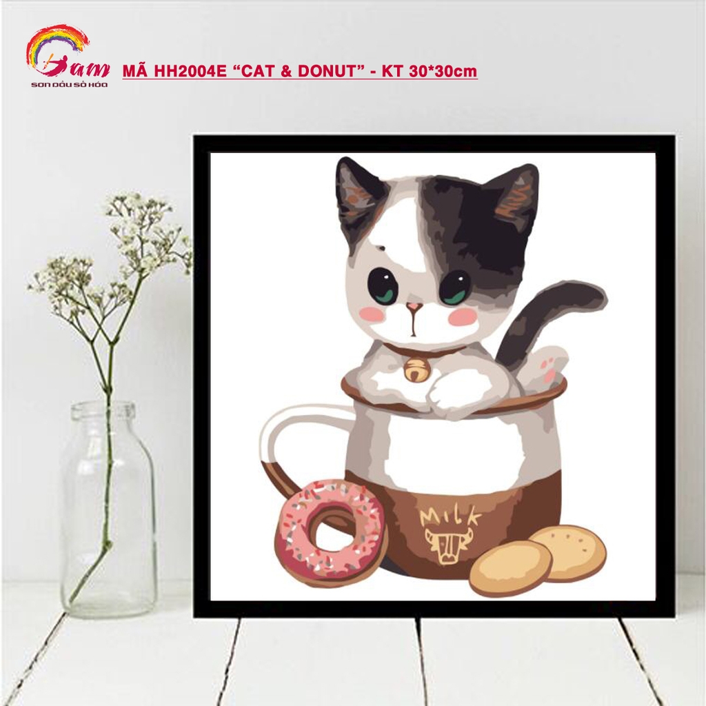 Tranh sơn dầu số hóa tự tô Gam HH2004 30x30cm căng sẵn khung - HH2004E Mèo Donut