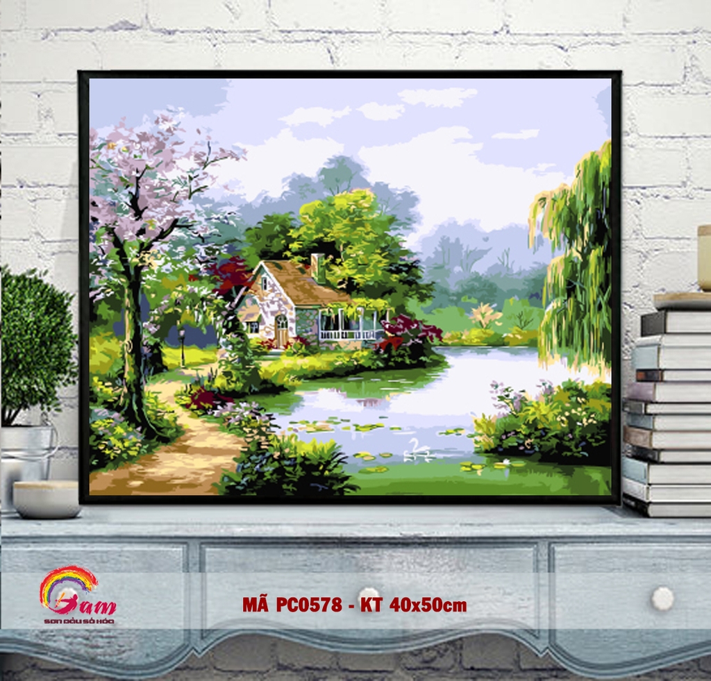 Tranh tự vẽ tự tô màu theo số Gam phong cảnh mùa thu lá vàng PC0017B - TQ0385 - PC0870