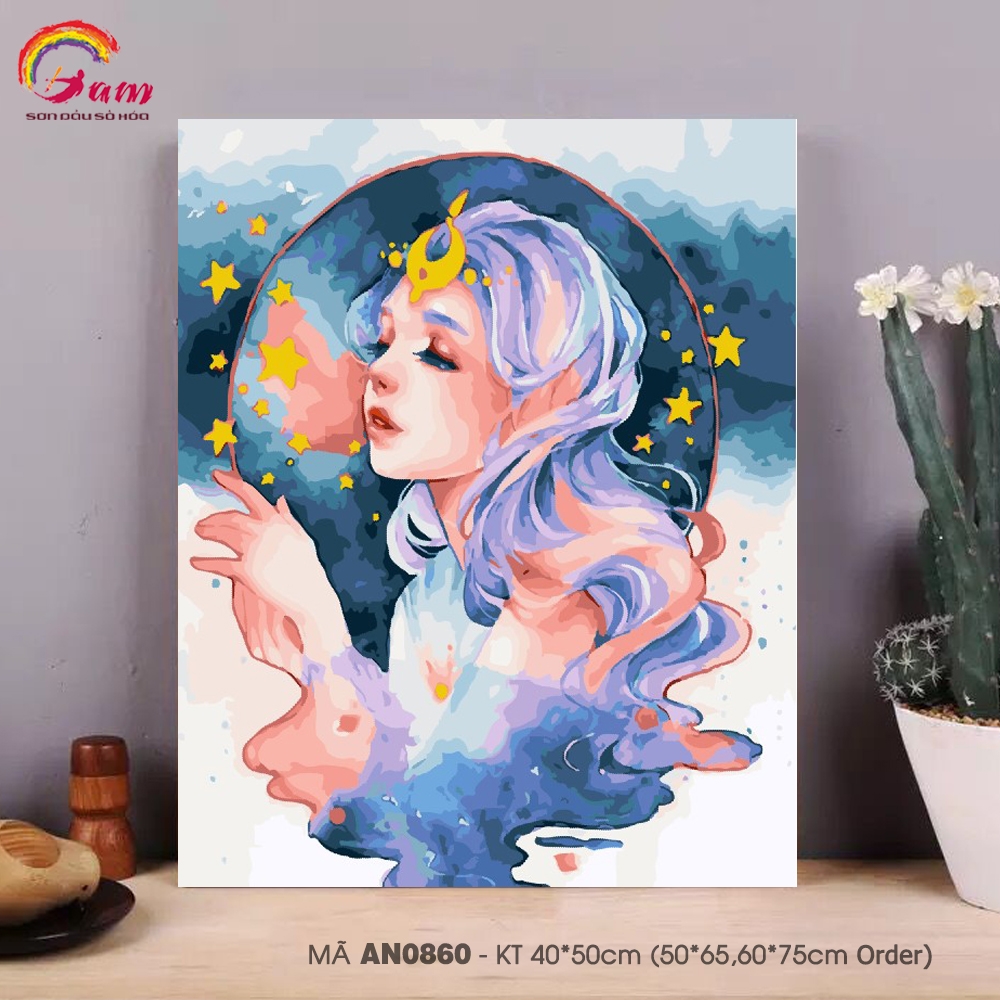Tranh tô màu theo số sơn dầu số hóa Gam Tranh Angel cô gái thiên thần mã AN0860