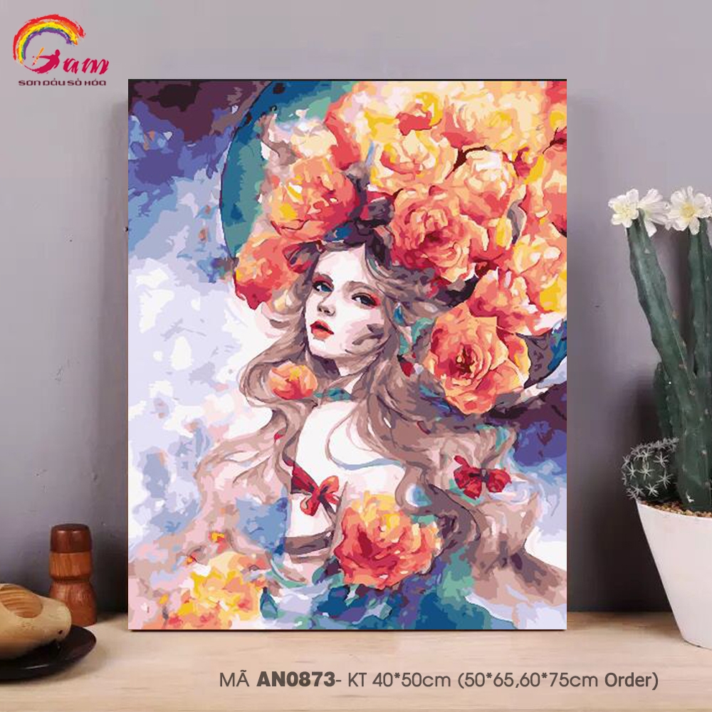 Tranh sơn dầu số hóa tô màu theo số Cô gái thiên thần Nữ thần tóc hoa AN0873