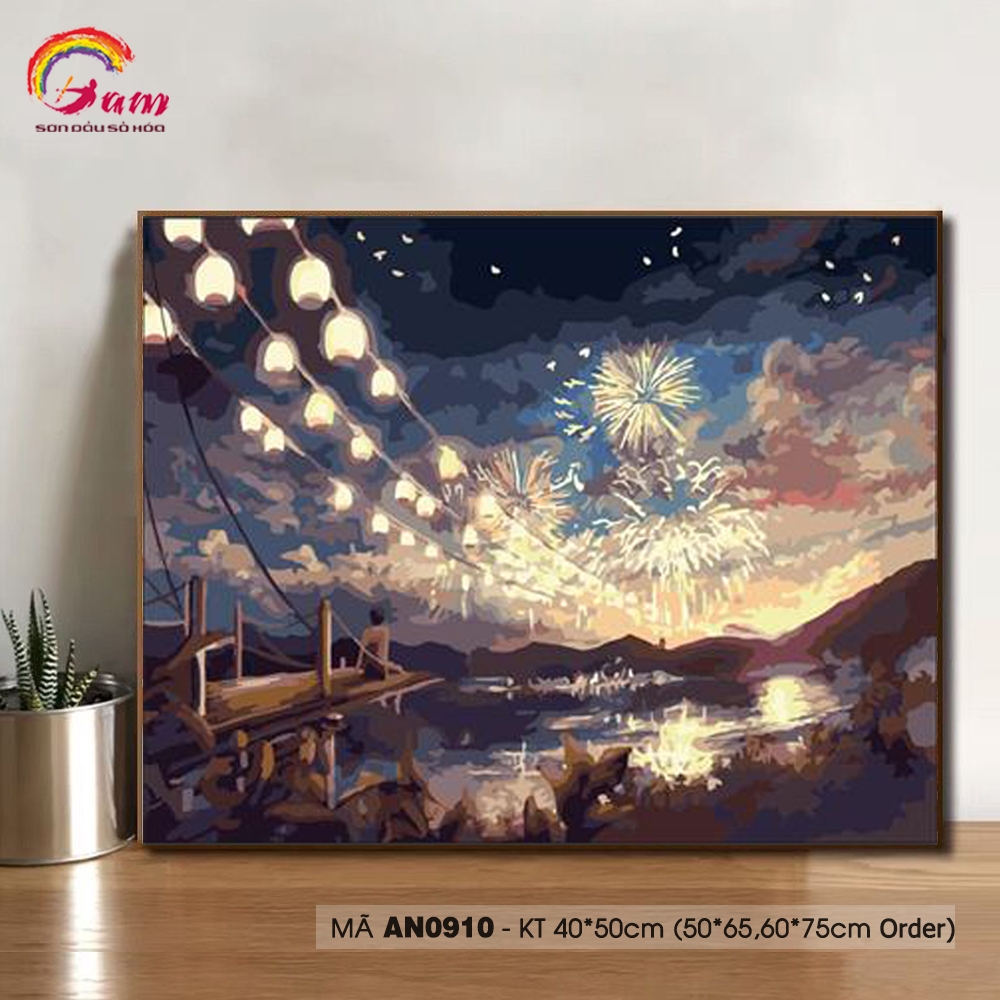 Tranh tô màu theo số sơn dầu số hóa Gam Tranh phim Anime Nhật Bản Cảnh ngắm pháo hoa bên hồ AN0910