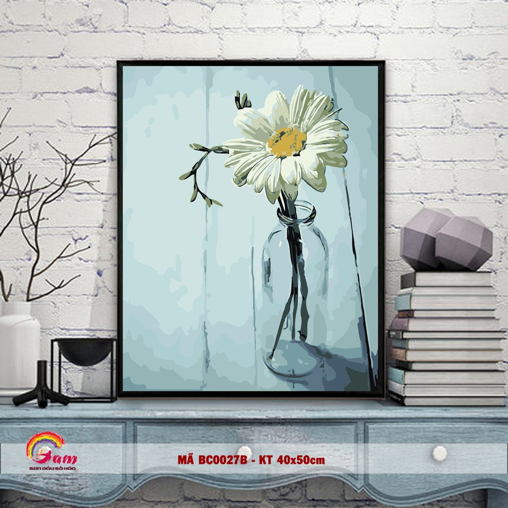 Tranh sơn dầu số hóa tự tô màu theo số Gam - Tranh Lọ hoa đồng tiền đơn giản nhẹ nhàng mã BC0027B