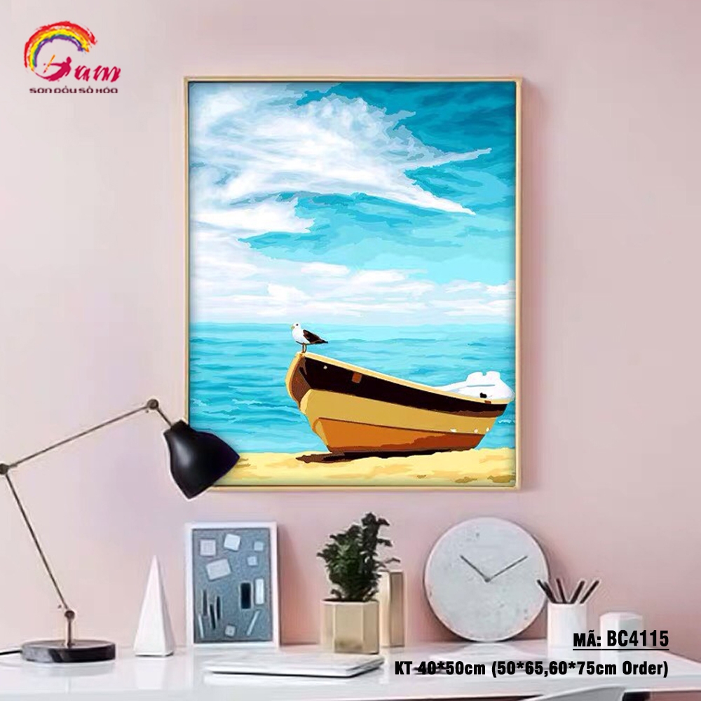 Tranh tự tô màu số hóa Gam Biển xanh nắng vàng chim hải âu BC4115