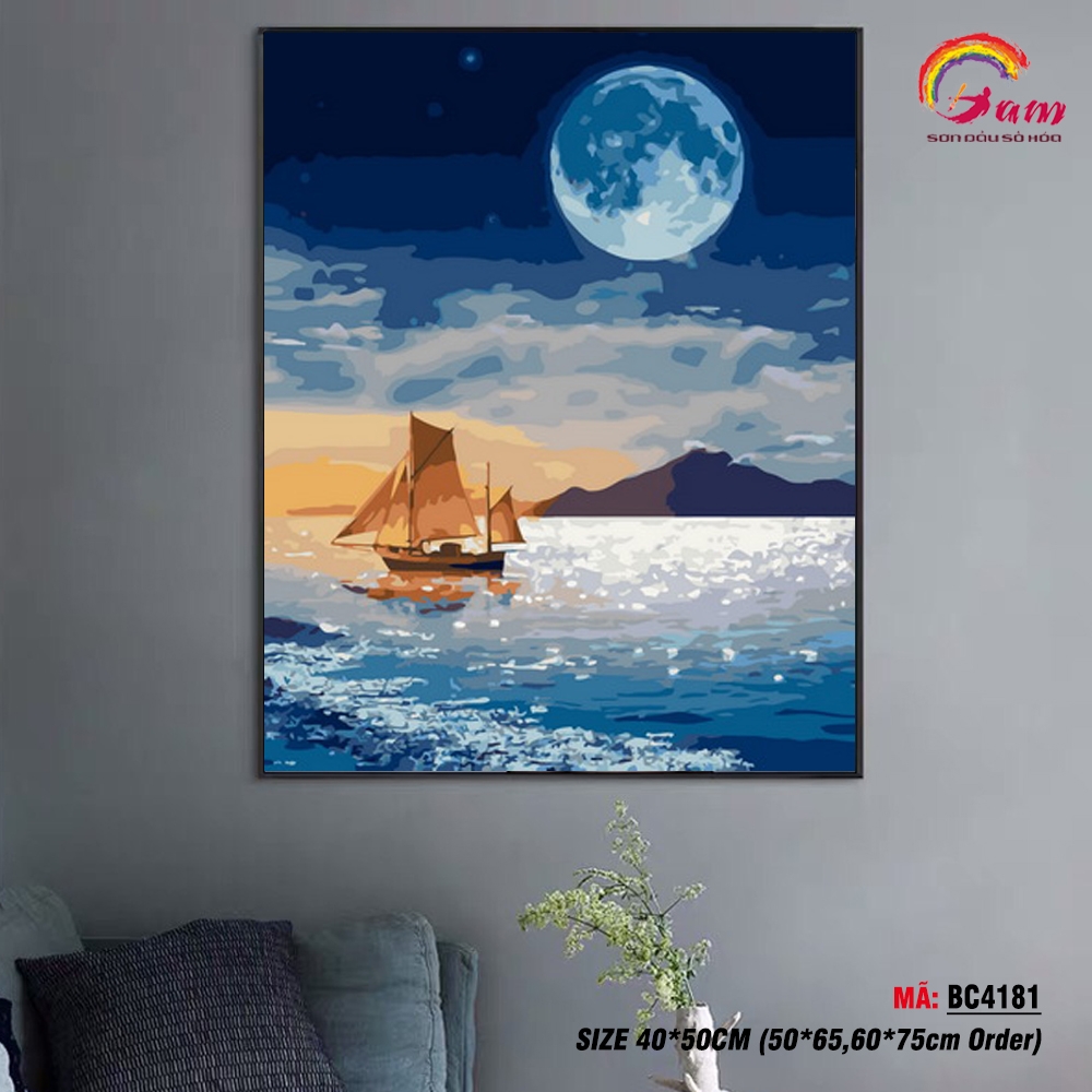 Tranh tô màu theo số Gam Thuyền giữa đêm trăng BC4181