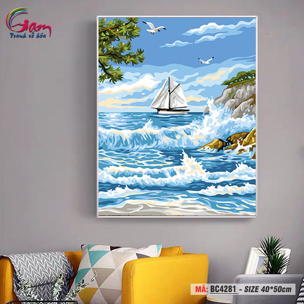 Tranh tô màu số hóa Gam treo tường trang trí sóng biển thuyền buồm BC4281