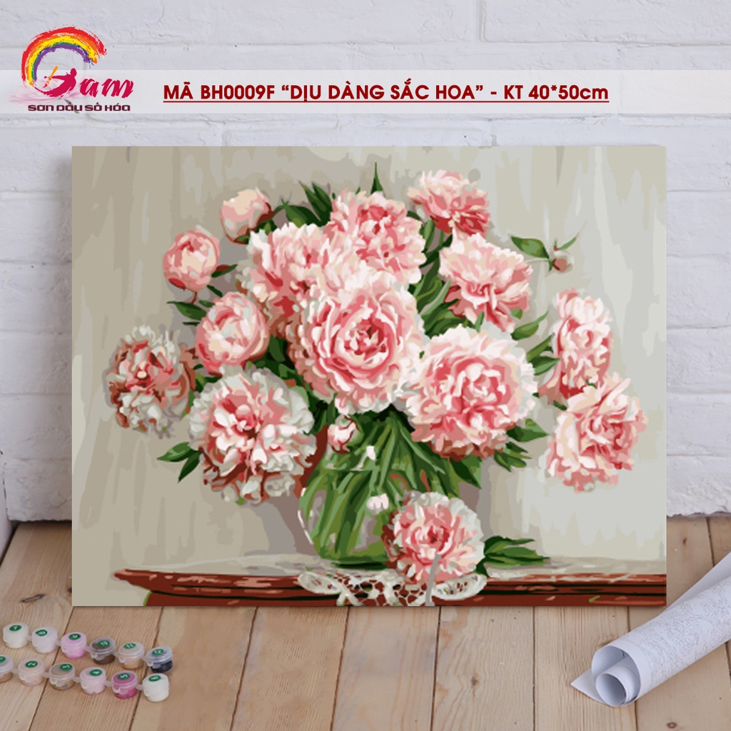 Tranh sơn dầu số hóa tự tô màu theo số Gam hoa mẫu đơn khung dày 2,5cm đã căng khung size 40x50cm