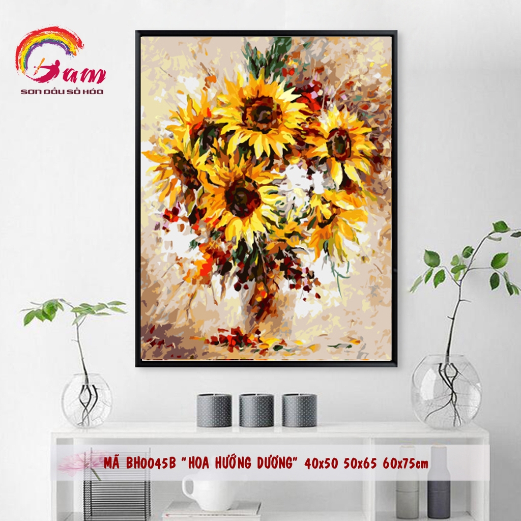 Tranh sơn dầu số hóa DIY tự vẽ lọ hoa hướng dương mã BH0045B